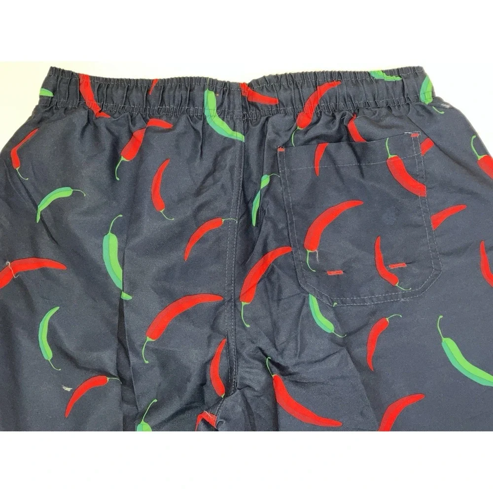 NWT Men's AK Quality Wear Lined Swim Trunks Navy Green & Red Chili Peppers‎ - M